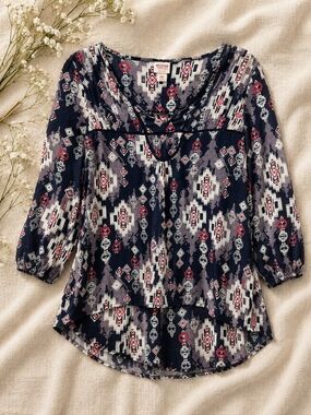 Mossimo Southwestern Boho Top Medium Navy Tribal Print 3/4 Sleeve Blouse